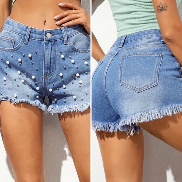 Pearl Beaded Denim Shorts - Picture 2 of 5